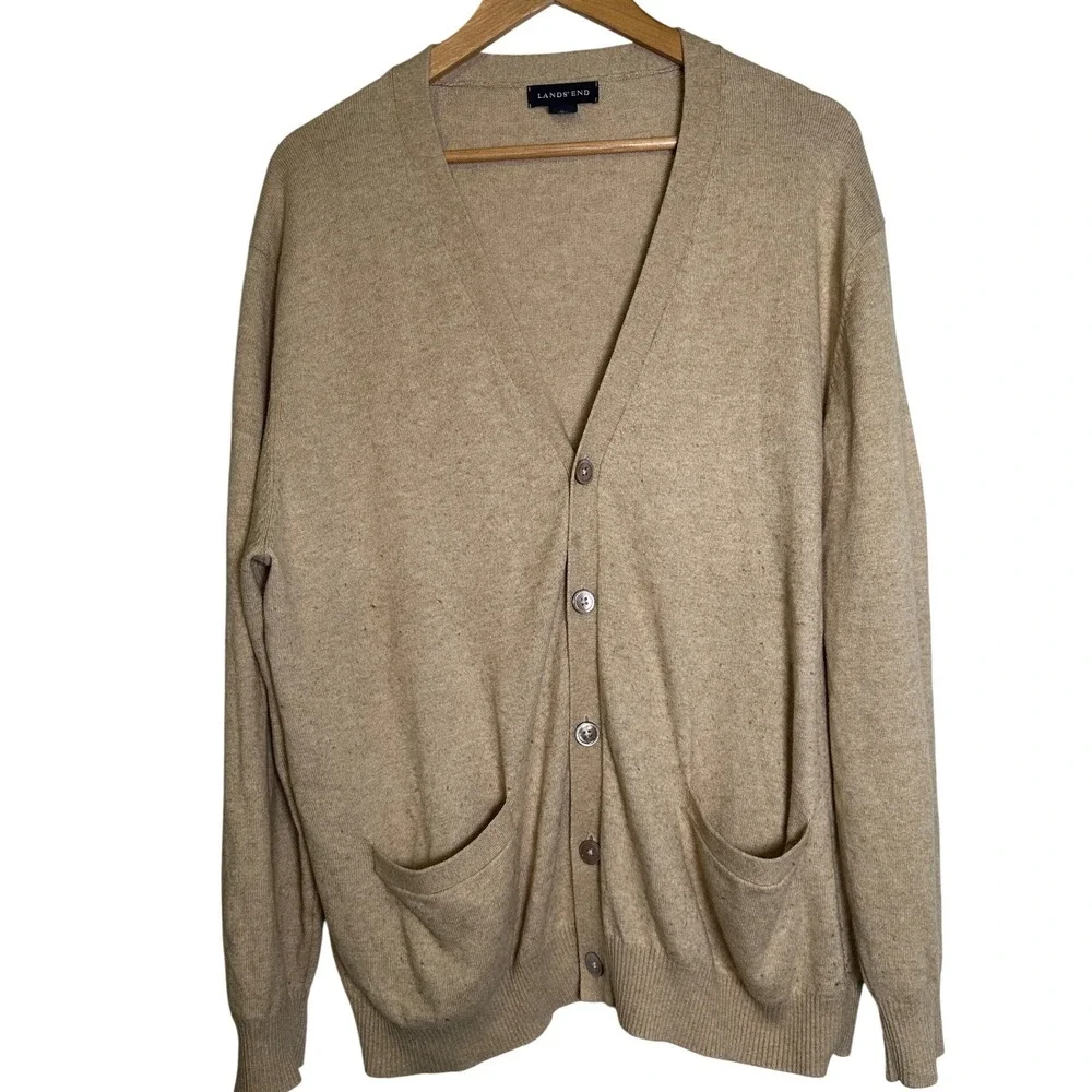 Lands End Tan Cardigan Sweater Men's L Pockets Old‎ Money Grandpacore Academia